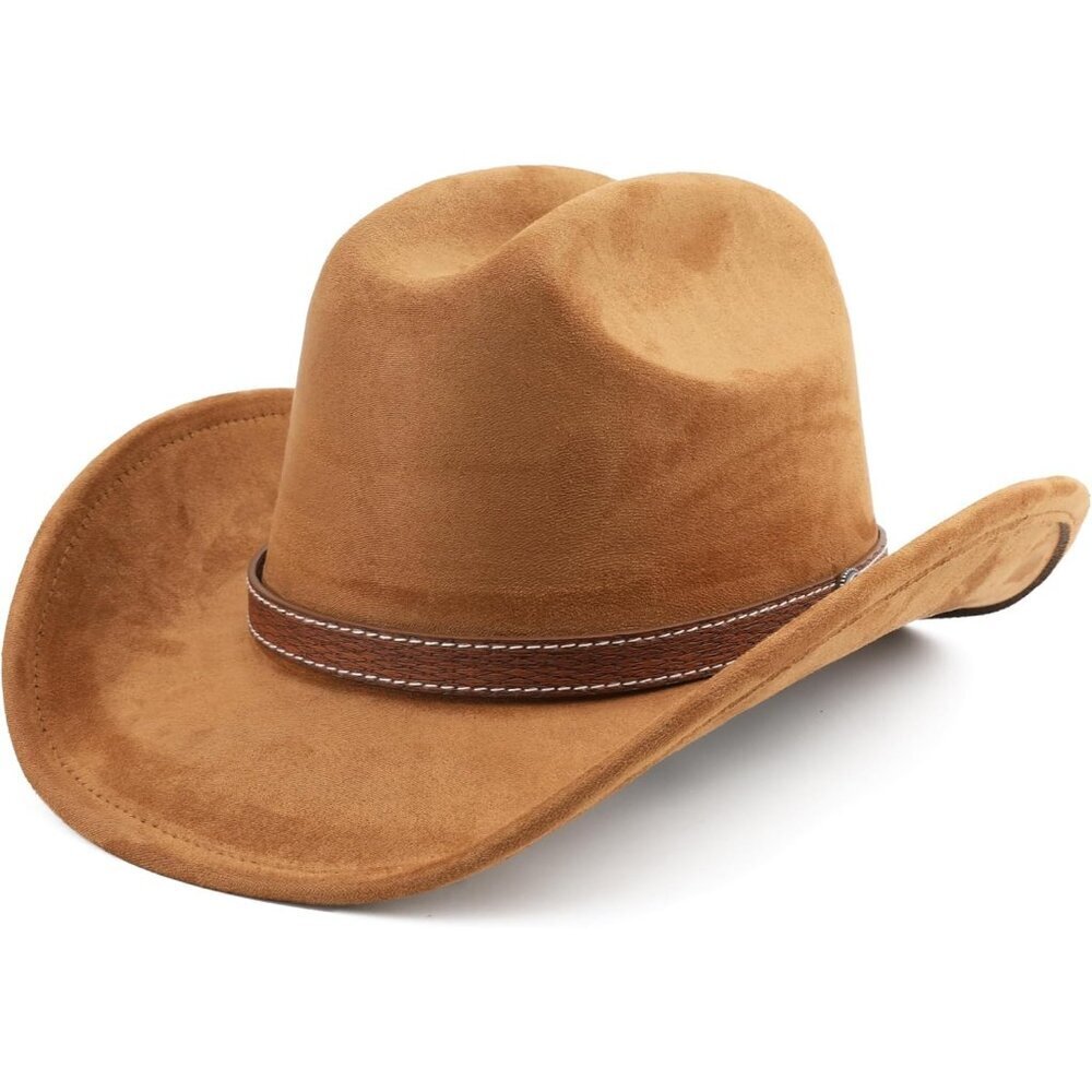 Unisex Brown Western Faux Stitched Leather Band Classic Fedora Cowboy Felt Hat
